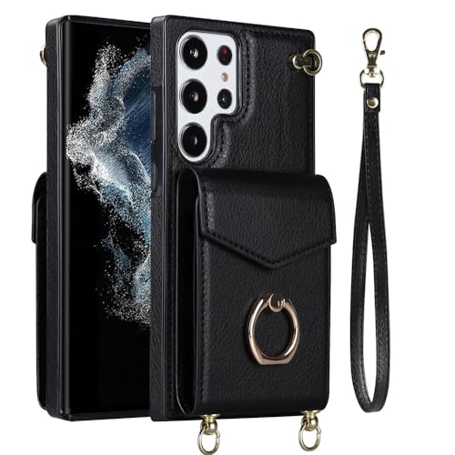 Étui en cuir Galaxy S22 Ultra avec porte-carte d'orgue et support d'anneau noir