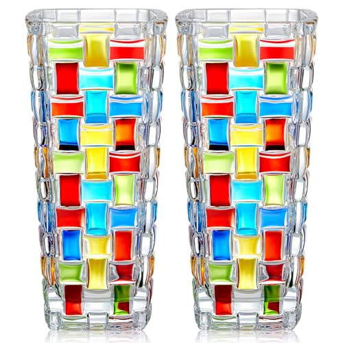 Teenyyou 2 Pack Colorful Glass Vase 7.7 Inch Hand Painted Woven Vase for Flower Home Table Centerpiece Decorative Floral Weddings Wedding Housewarming Gift Indoor Living Room Decor