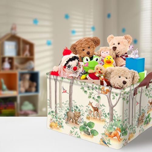 Image of Woodland Animal Storage Basket Waterproof Canvas Toy Storage Bin Home Forest Decor Collapsible Outdoor Basket with Leather Handles Woodland Decor Blanket Baskets For Closets,Bedrooms,Gifts Baskets