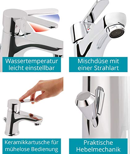 Calmwaters® Wasserhahn Bad - 56 mm Auslaufhöhe - leichte Reinigung - robuster Messingkern - mit Excentergarnitur und 35 cm Anschlussschläuche - Hochdruck Waschtischarmatur Bad - Image 4