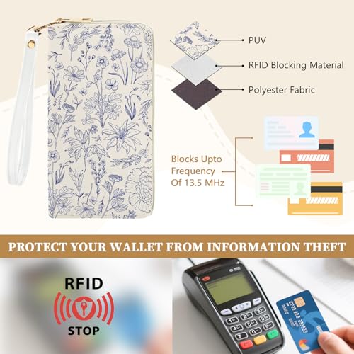 Flower Womens Wallet, RFID Blocking Wristlet Wallets for Women, Ladies Purse with Zip Around Credit Card Holder and 10 Card Slots & ID Window, Travel Large Capacity Women's Clutch Organizer Blue4