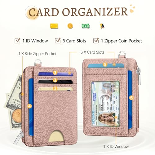 Image of Kelvoris Cute Credit Card Holder Small Wallet Women, Minimalist Slim RFID Blocking Wallet Woman Keychain with Zipper Coin Pocket, Front Pocket Thin Travel Card Case Organizer ID Window Ladies Gifts