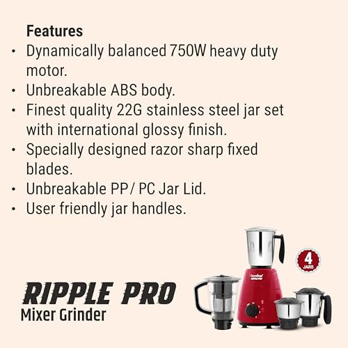 Image of Greenchef Ripple Pro Mixer Grinder - 3 SS Jars with SS Blades,Juicer Mixer Jar,1HP power, 230-240v,18000 RPM,Red Color,ISI Certified,Heavy Duty Motor,5 Year Warranty on Motor