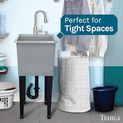 Image of Grey Space Saver Utility Sink by JS Jackson Supplies, Freestanding Tehila Space Saving Laundry Tub, Stainless Pull-Down Faucet, Soap Dispenser