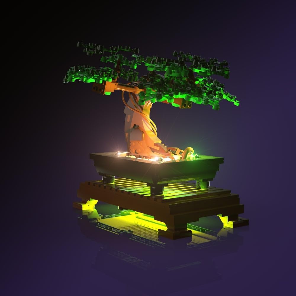 LEGO Bonsai Tree with green illuminated leaves from the Light My Bricks kit.