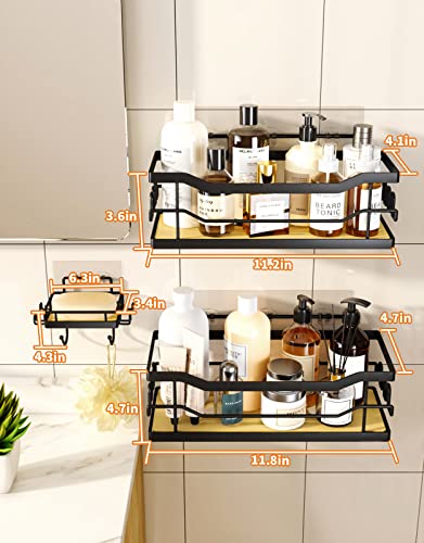Natural Bamboo Shower Caddy Organizer With Soap Holder, Swtymiki 3 Pack Shower Shelf With 18 Hooks,Rustproof & Waterproof Shower Rack,No Drilling Bathroom Shower Organizer For Bathroom,Kitchen - Black #TOP6