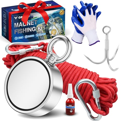 Grtard 1000LBS Magnet Fishing Kit for Men's Gifts, Double Sided Neodymium Fishing Magnets with Super Strong Magnets for Retrieving Items in River, Lake, Beach, Lawn, Gifts for Men, Dad, Husband