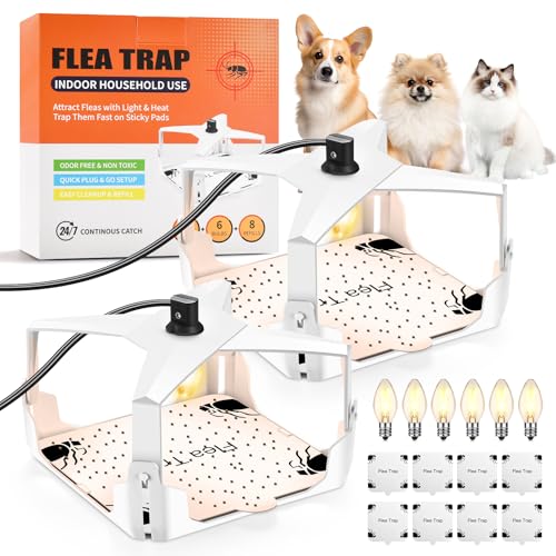 2 Pack Flea Trap Indoor Electric Fleas Trap Light Pets Kids Friendly Reusable Flea Traps for Inside Your Home with 6 Bulbs & 8 Sticky Pads