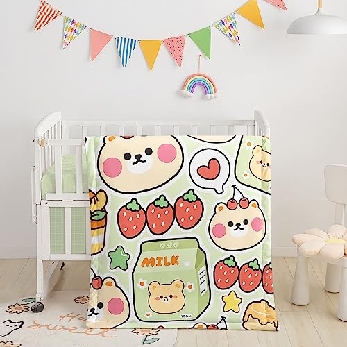 Image of Crib Bedding Set,3pcs Nursery Crib Bedding with Comforter Crib Sheet & Crib Skirt,Cute Bear Milk Strawberry Printed Nursery Bedding for Baby Boys and Girls(Bear)