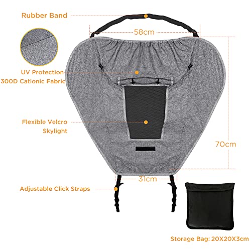 WD&CD Sonnensegel Kinderwagen mit UV Schutz 50+ und Wasserdicht, Double layer fabric mit Sichtfenster und extra breite Schattenflügel, Grau