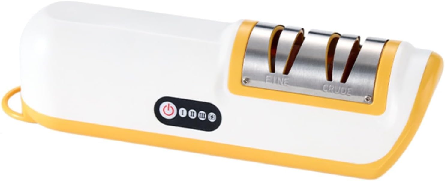 Electric Blade Sharpener Rechargeable, Automatic Sharpening Tool for Kitchen Knives Scissors Garden Tools, Compact Cordless One-Button Operation, ABS & Stainless Steel, Black (Yellow)