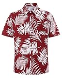 SEAOYOZO Men's Hawaiian Shirts Short Sleeve Tropical Shirt for Men Button Down Shirts Summer Aloha Beach Shirt (Dark red Printed Palm Leaves, 4XL)