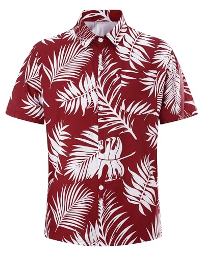 SEAOYOZO Men's Hawaiian Shirts Short Sleeve Tropical Shirt for Men Button Down Shirts Summer Aloha Beach Shirt (Dark red Printed Palm Leaves, 4XL)
