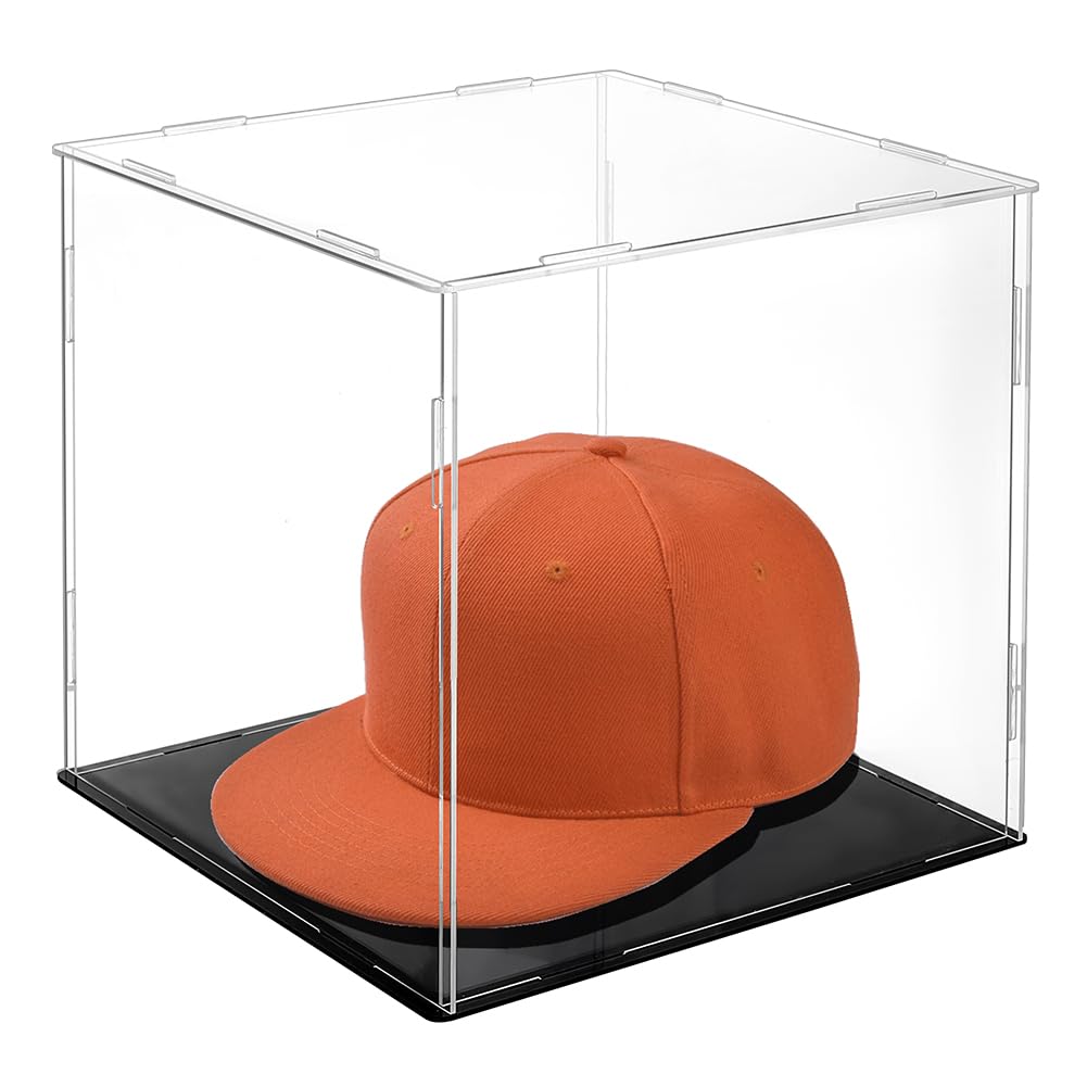 AHANDMAKER Display Case Clear Cube Baseball Holder Hat Box with Black Base Acrylic Display Case for Action Figures, Baseball, 8.07x8.07x8.27 Inch