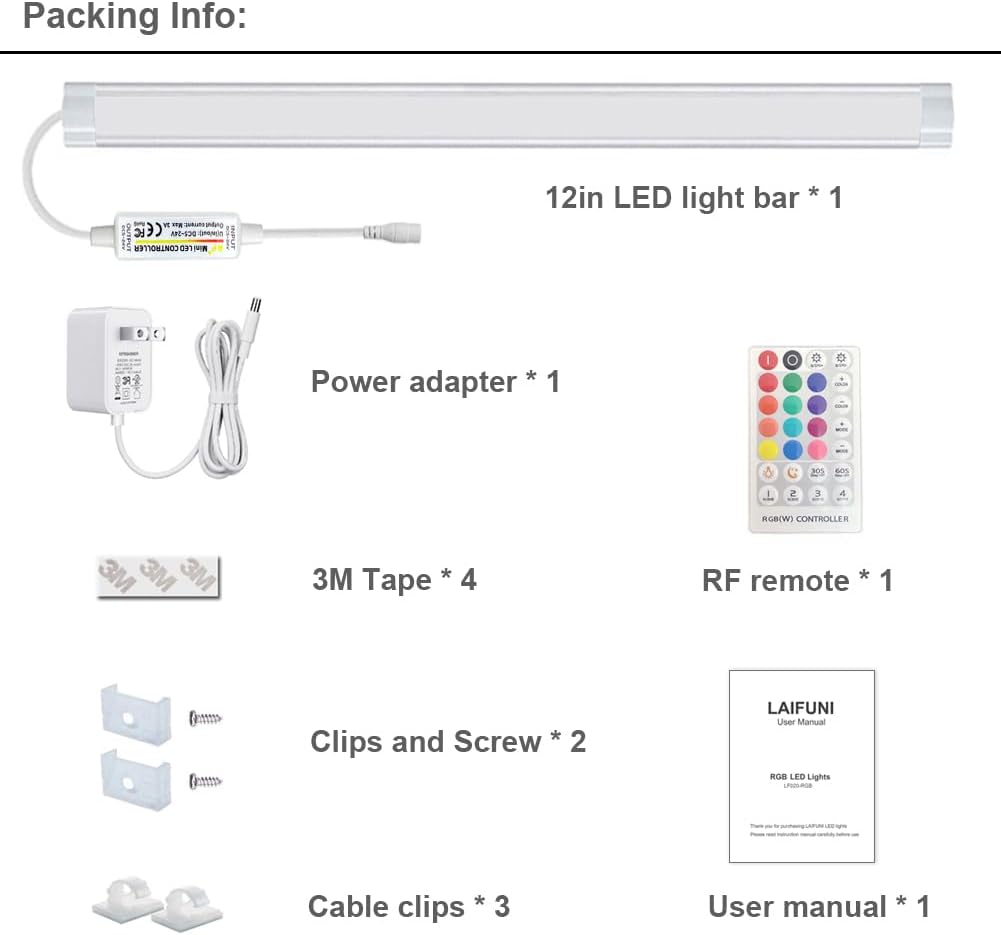Under Cabinet Lights with Remote, 20 Color Changeable Closet Lights, Dimmable LED Light Bar, RGB Lighting for Desk, Counter, Workbench, Kitchen, Shelf (12 Inch)