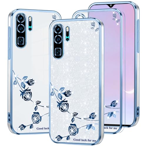 Kainevy Para Huawei P30 PRO Funda Transparente Silicona Suave TPU con Diamante Bling Bling, Funda Huawei P30 PRO Glitter Flores Luxury 2 en 1 Funda Separable Rosa Delgada (Lila-Silber)