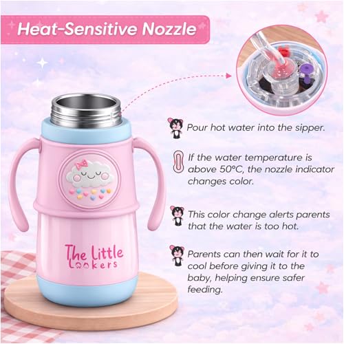 Image of THE LITTLE LOOKERS Stainless Steel Hot & Cold Sipper Bottle for Kids | 300 Milliliters | Rust-Proof | BPA-Free | Double-Wall Vacuum Insulation Water Bottle | Ideal for School and Travel | Pink