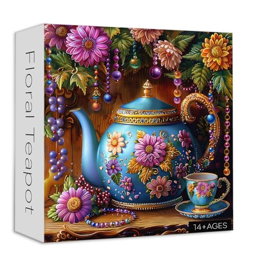 Vintage Teapot Puzzles for Adults 1000 Pieces, Larkipuzz Teacup Jigsaw Puzzles Flower Beaded Art, Hard Difficult Tea Time Theme as Home Decor