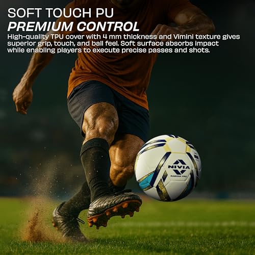 Image of Nivia Rabona Pro Football with Pump, 32 Panels, Glossy TPU Stitched, Suitable for Soft & Dry Ground, Hard Ground with Grass & Artificial Turf, International Match Ball (Size - 5, White)