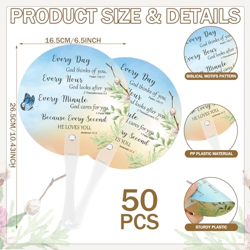 Image of 50 Pcs Church Fans Handheld Bulk Christian Inspiration Religious Gifts Bible Verse Scripture Gifts Hand Fans with Plastic Handle for Women Men Easter National Day of Prayer Holy Lent Decor(Butterfly)