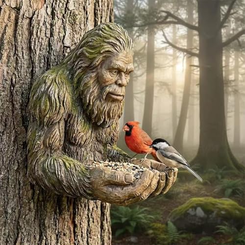 Tree Face Decor for Outdoor Garden - Funny Bigfoot Sculpture 6 Inch Hand Painted Resin Wall Hanging Art with Keyhole Mount Unique Yard Decoration Gift for Nature Lovers Sasquatch Garden Art