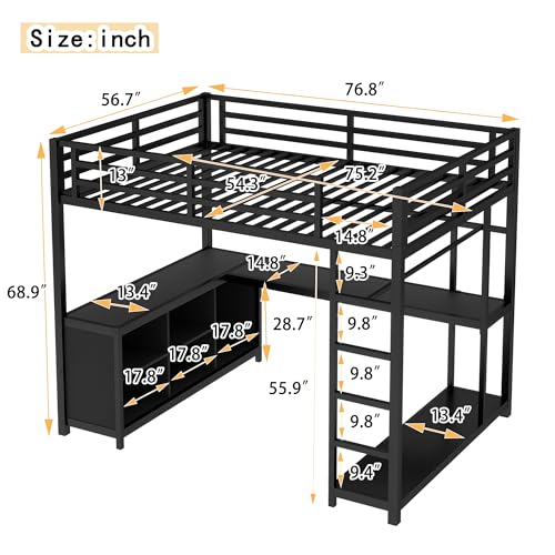 Image of Bellemave Full Size loft Bed with L Desk, Wardrobe, Metal Full Loft Bed Frame for Adults, Kids, Teens, Black