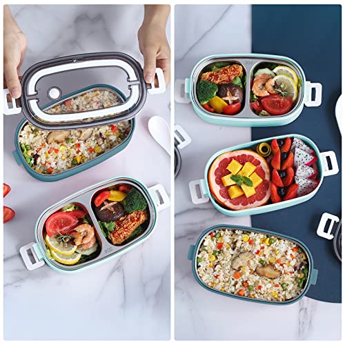 Image of 2 Tier Bento Box Lunch Box for Adults and Kids, Leakproof Bento Lunch Box with 3 Compartments and Cutlery (Spoon & Fork), Portable Adult Lunch Box with Lunch Bag for Work Office School