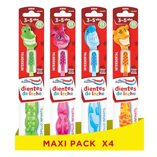 Aquafresh Cepillo de Dientes Infantil de Dientes de Leche, Para Niños de 3 a 5 Años, Suave Con Encías, Pack x4 Unidades (enviados de forma aleatoria)