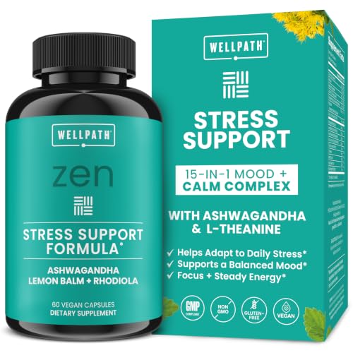 WellPath Zen Stress Relief Supplement + Mood Support | Calm, Stress & Energy Support | Ashwagandha Root, Rhodiola Rosea, L-Theanine, Lemon Balm | Herbal Capsules, 60 Ct