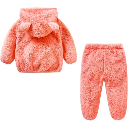 Image of Baby Teddy Bear Ear Soft Flannel Long Sleeve Hoodie & Leggings Unisex All Season Clothing Set For Baby Boys And Baby Girls