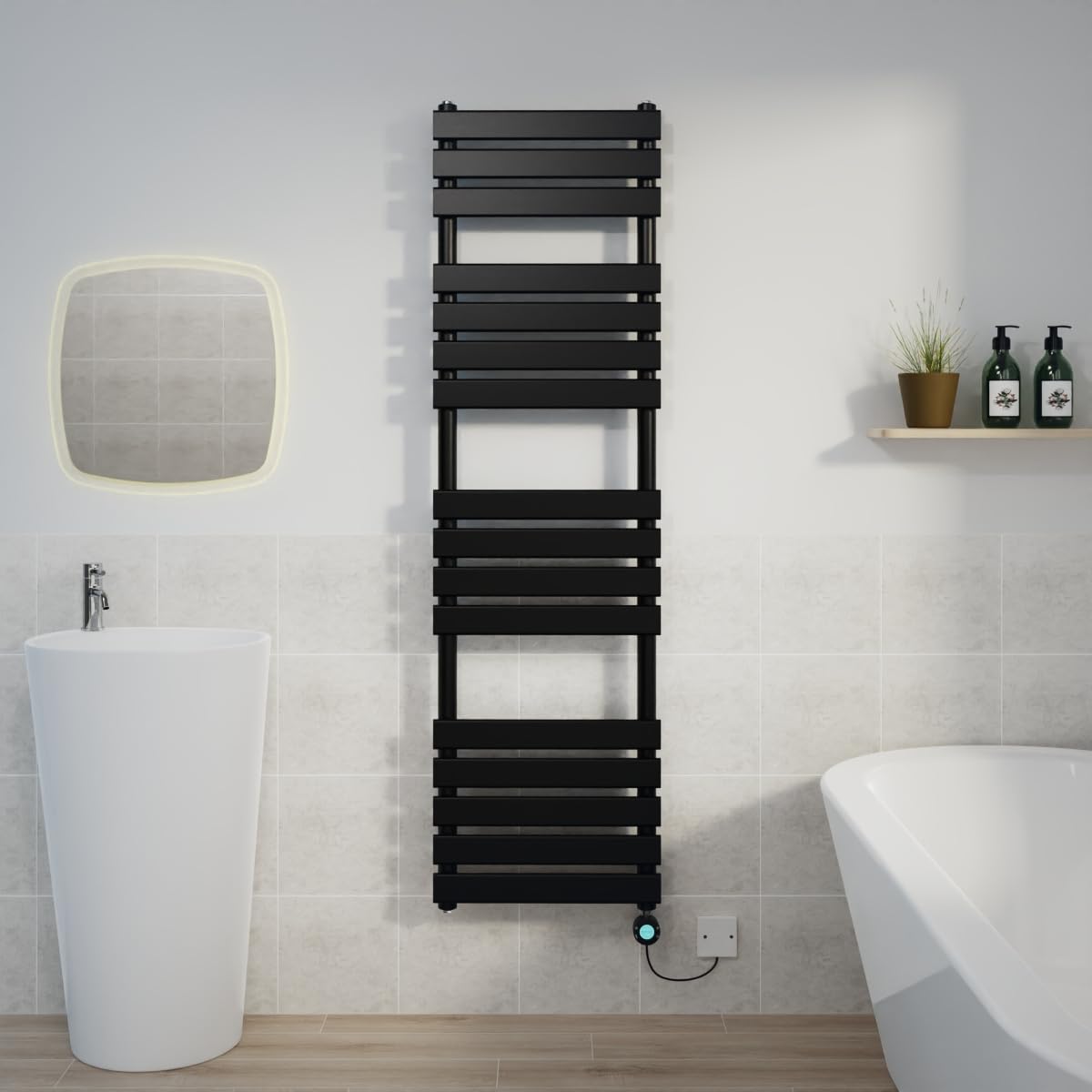 Warmehaus 1600x450mm Black Designer Flat Panel Electric Heated Towel Rail Thermostatic Timer Bathroom Towel Radiator 800W