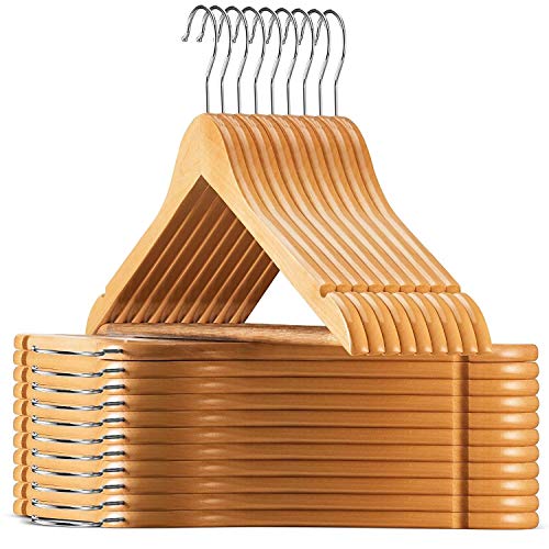 Image of Premium Solid Wooden Hangers (Pack of 12) | Durable Clothes Hangers with Non-Slip Bar, Cut Notches & 360 Swivel Hook for Heavy Coats, Suits, Shirts & Dresses - Smooth Finish (Beige) (12)