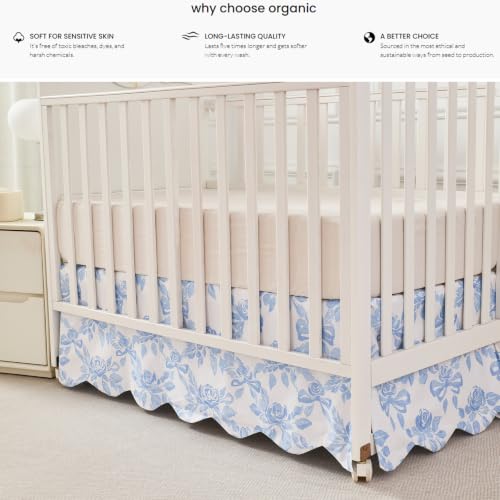 Image of Brandream Scallop Edge Organic Cotton Crib Skirt Girls Toddler Bedskirt Baby Nursery Crib Bed Skirt French Vintage Cottagecore Rose Flowers Bows Neutral Light Blue Farmhouse Chic Boho Bohemian Skirt