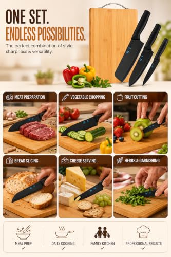Image of Large Cutting Board for Kitchen | Non-Slip Antibacterial Surface with Stainless Steel Handle | Durable Chopping Board for Vegetables, Fruits & Meat (Bamboo Board with Black Knife)