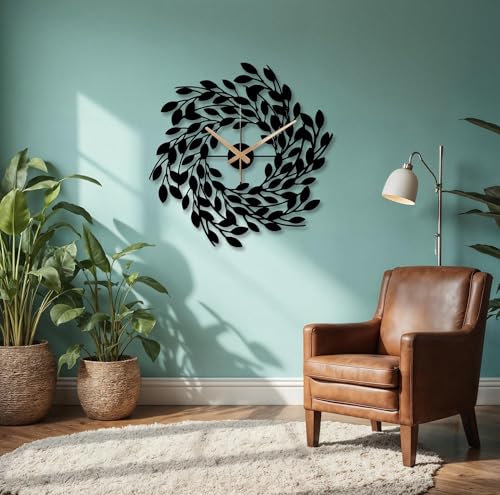 Image of Metal Wall Clock for Living Room, Bedroom, Office, Kitchen, Home and Hall, Stylish Designer Big Size Modern Wall Watch for Home Decor Black (Leaves, 40 CMS)