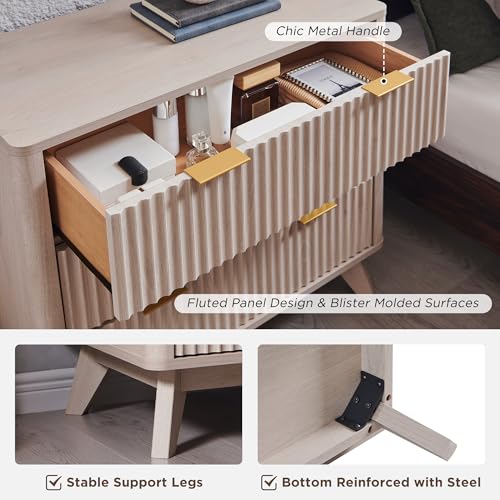 Image of T4TREAM Fluted 3 Drawer Dresser, 32 inch Tall Modern Chest of Drawers, Curved Profile Design, Wood Drawer Organizer for Bedroom, Living Room, Hallway, Entryway, White Alder