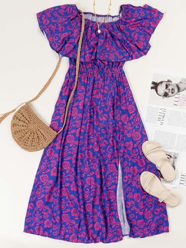 Image of CUPSHE Women Ruffle Floral Maxi Summer Dress Off Shoulder Short Sleeve Backless Flounce Bodice Slit Hem Beach Dresses