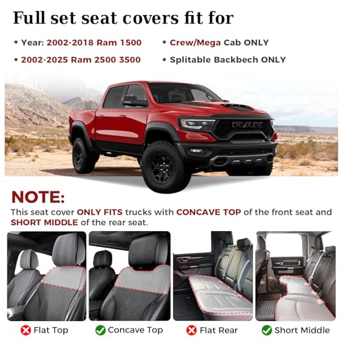 Image of Truckiipa Car Seat Covers Full Set, Dodge Ram Seat Covers Full Coverage Leather Protector Pickup Truck Accessories, Custom Fit for 2002-2018 Ram 1500, 2002-2025 Ram 2500 3500 Crew Mega Cab, Black