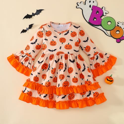 Halloween Little Girl Dress Pumpkin/Bat Outfit Flared Sleeve Ruffled Dresses 3-8T2