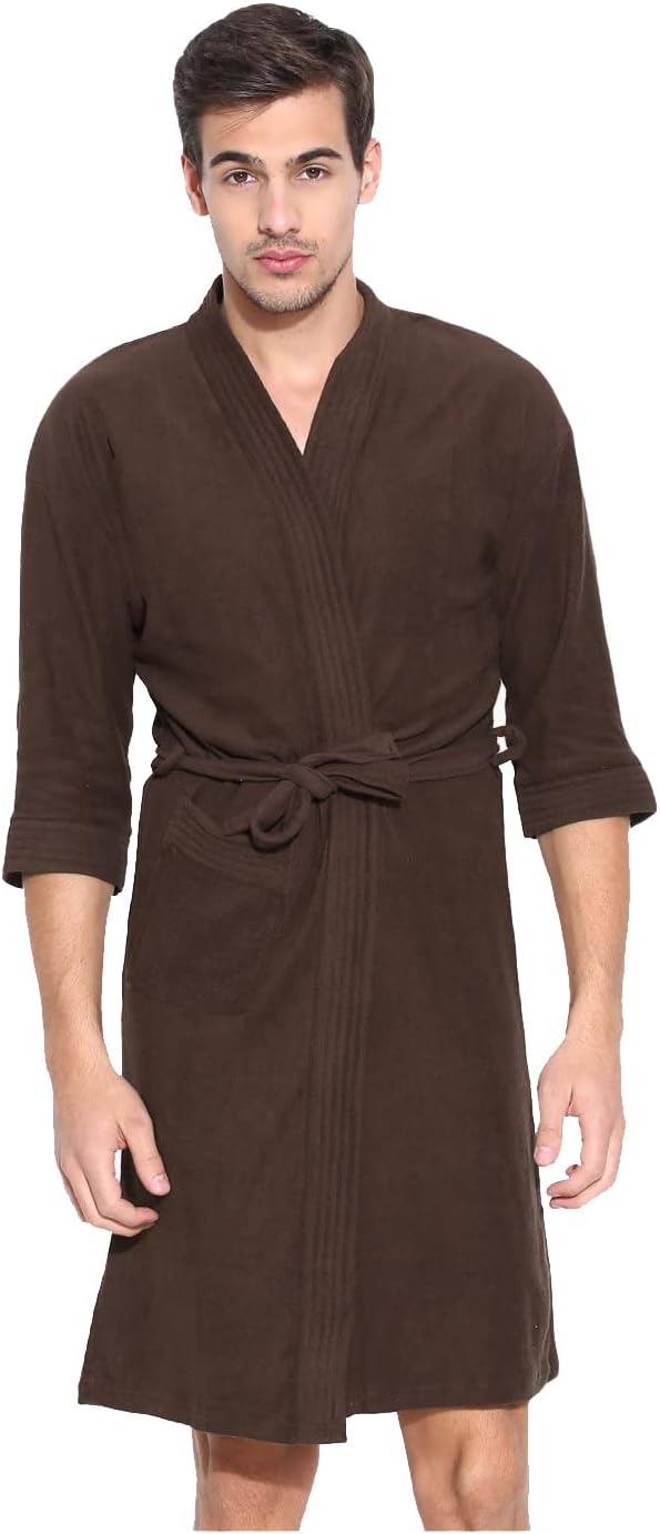 FeelBlue Premium Micro Terry Free Size Unisex Adult Bathrobe with Front Pocket - Brown