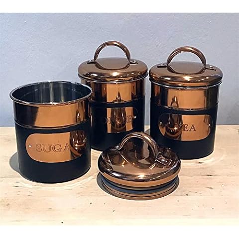 Black & Copper Metal Tea Coffee Sugar Storage Canister Set Jar Pots Tins Cover