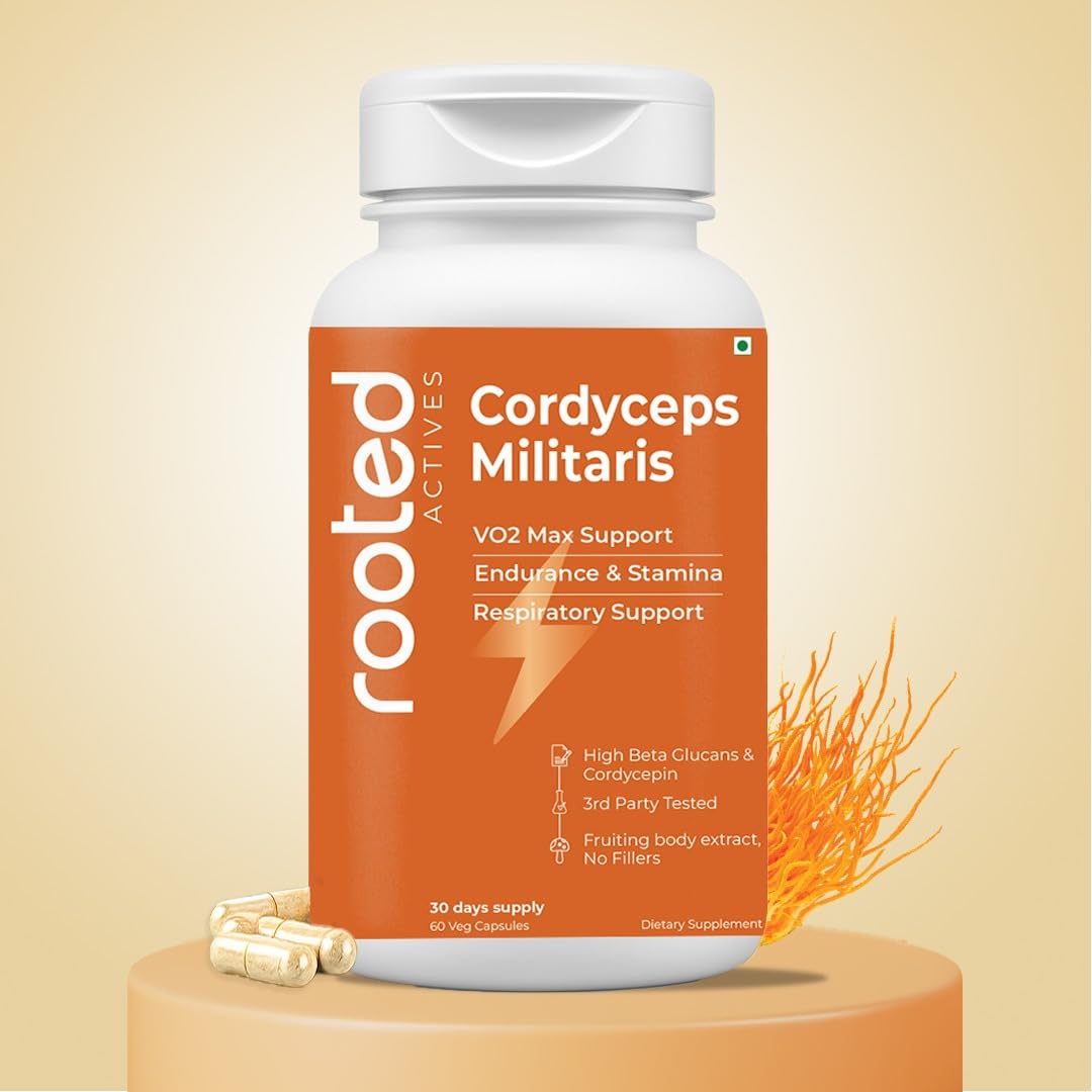 Rooted Actives Cordyceps Militaris Mushroom Extract 500mg | Fruiting Body | Supports VO₂ Max, Endurance & Respiratory Health | 60 Veg Capsules