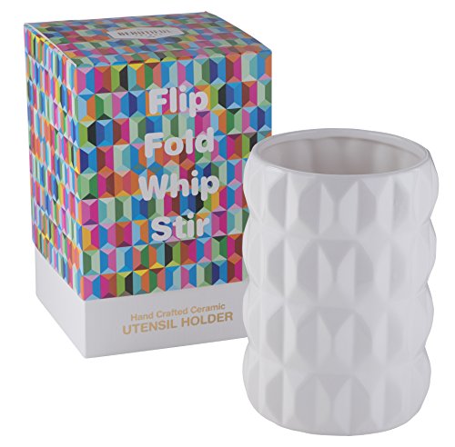 Beautiful Hand Crafted Ceramic Utensil Holder - Gorgeous Glossy White - Utensil Crock - Kitchen Caddy Organizer - Kitchen Tool Holder - Designer Crock For Spoons & Spatulas - 7 x 5 inch