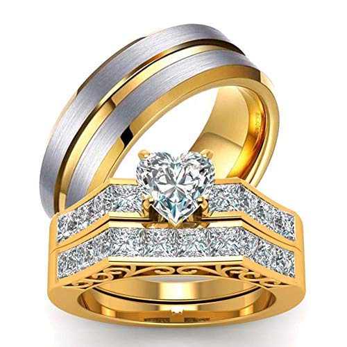 LOVERSRING 3pc Two Rings His and Hers Couple Rings Bridal Sets His Hers Women Yellow Gold Plated White Cz Man Stainless Steel Wedding Ring Band Set