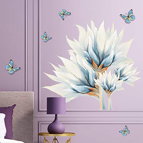 Drwssr Watercolor Blue Butterfly White Flower Wall Decal Bouquet Wall Sticker Diy Removable Peel And Stick Wall Art Mural For Living Room Sofa Background Bedroom Study Home Decoration(White) #TOP6