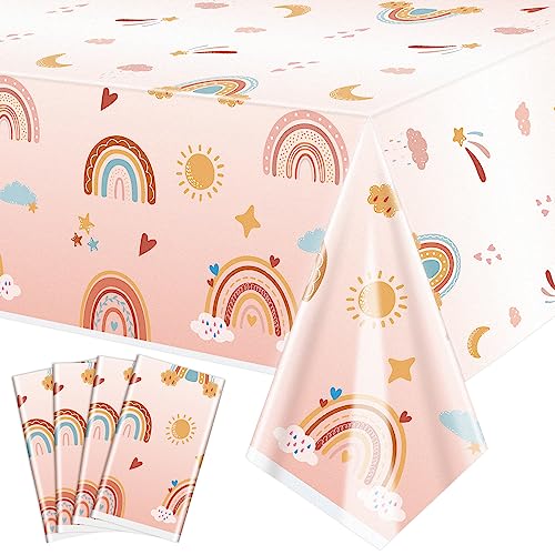QUERICKY Paquete de 4 Manteles Boho Arcoiris, 130x220cm Mantel para Fiesta, Decoración Arcoiris para Cumpleaños Boho, Retro Hippie, Productos para Baby Shower