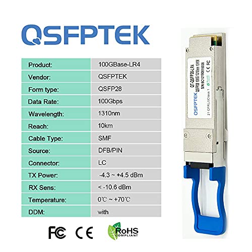 Image of QSFPTEK 100G QSFP28 Transceiver LC Single-Mode 100GBASE-LR4 Module for Juniper Networks JNP-QSFP-100G-LR4 (LWDM, 10km, with DDM)