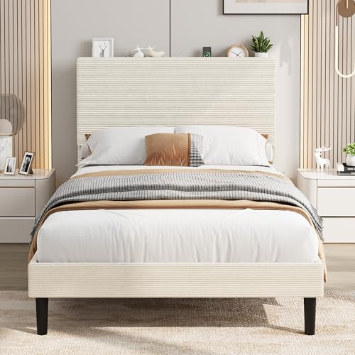 Garvee Twin Size Bed Frame with USB Charging Station, Corduroy Upholstered Platform Bed Frame with Adjustable Storage Headboard, Wooden Slats Support,