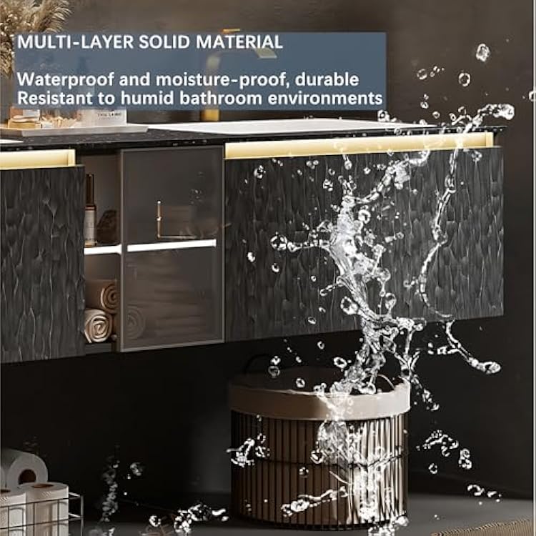 Double Bathroom Vanity with Sinks - Floating Bathroom Vanity Set | Includes LED Smart Defogging Mirror Cabinet & Faucet | Multi-Layer Solid Wood Material | Luxury Design Style (Brown, 52 in)