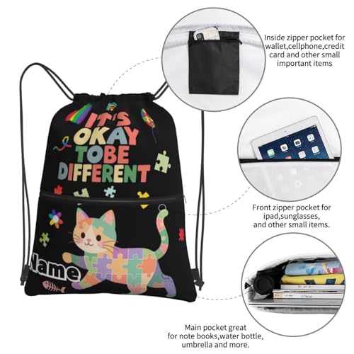 Custom Name Drawstring Backpack - Personalized Autism Awareness Sport Gym Sackpack String Bag with Zipper Pocket for Beach School Travel,​Cat4